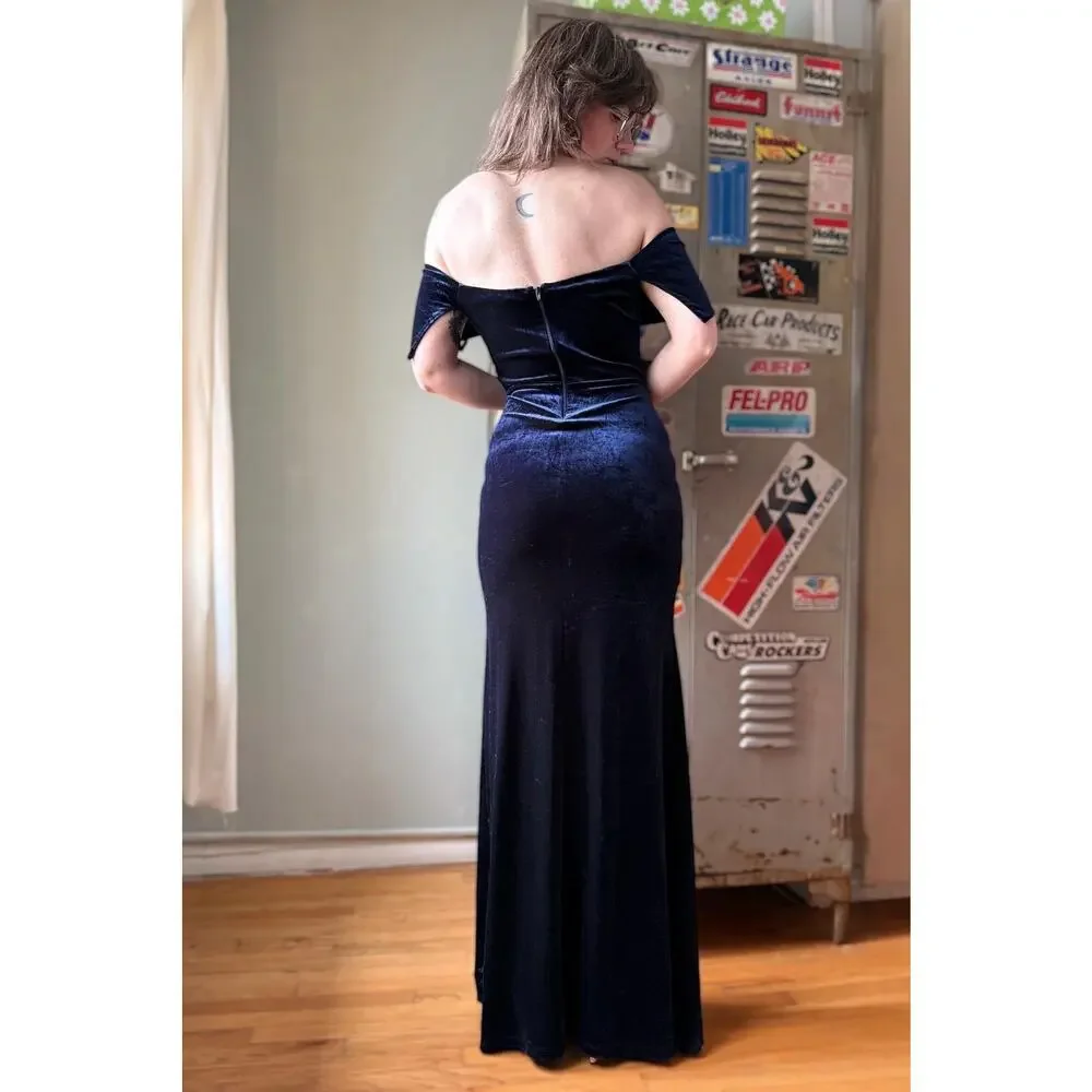 Vintage Y2K Velvet Maxi Dress | Navy Off Shoulder Column Slit Gown | S/M - Picture 2 of 11